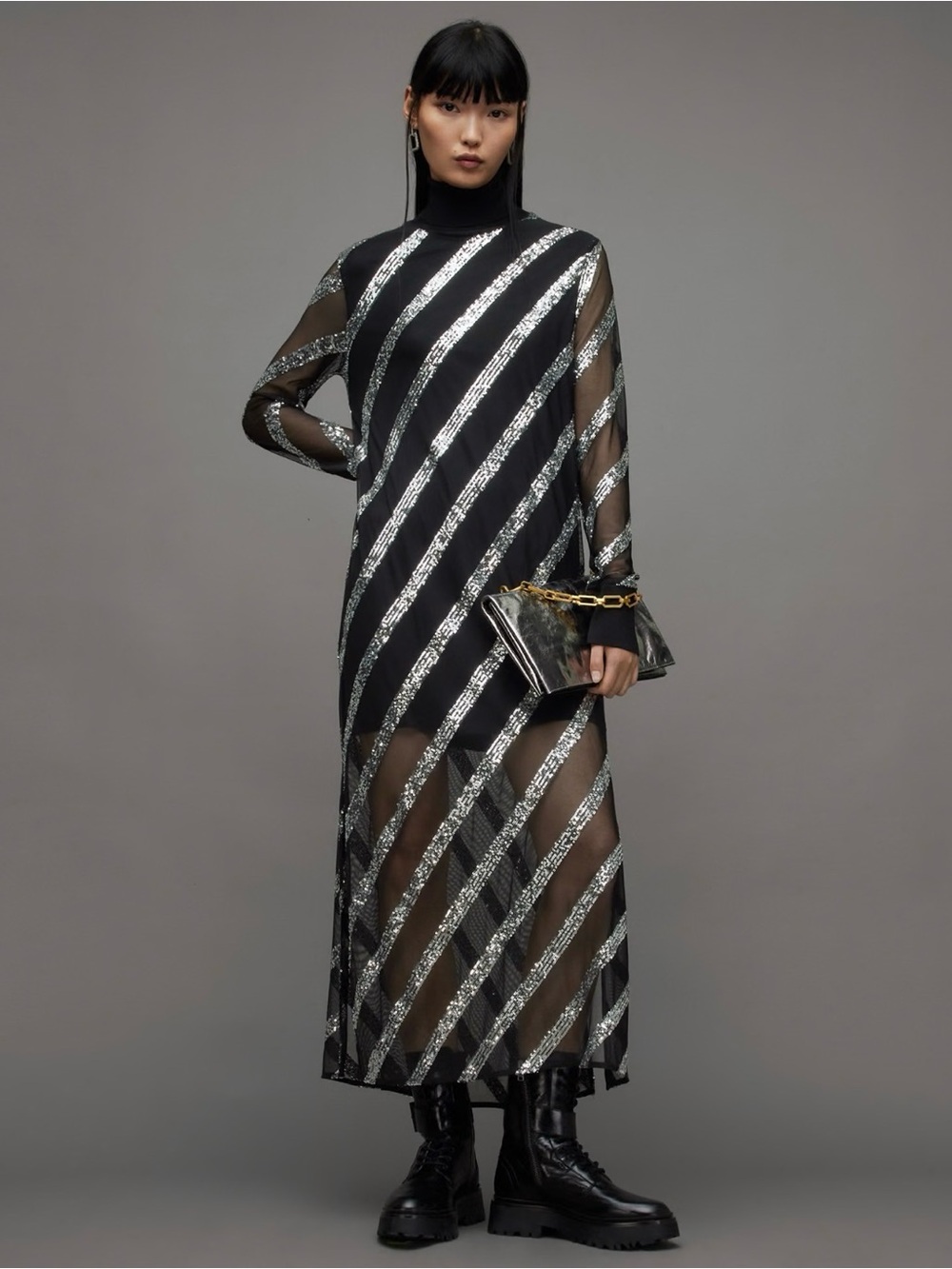 All Saints Black Sheer Midi Dress with Silver Diagonal Stripes